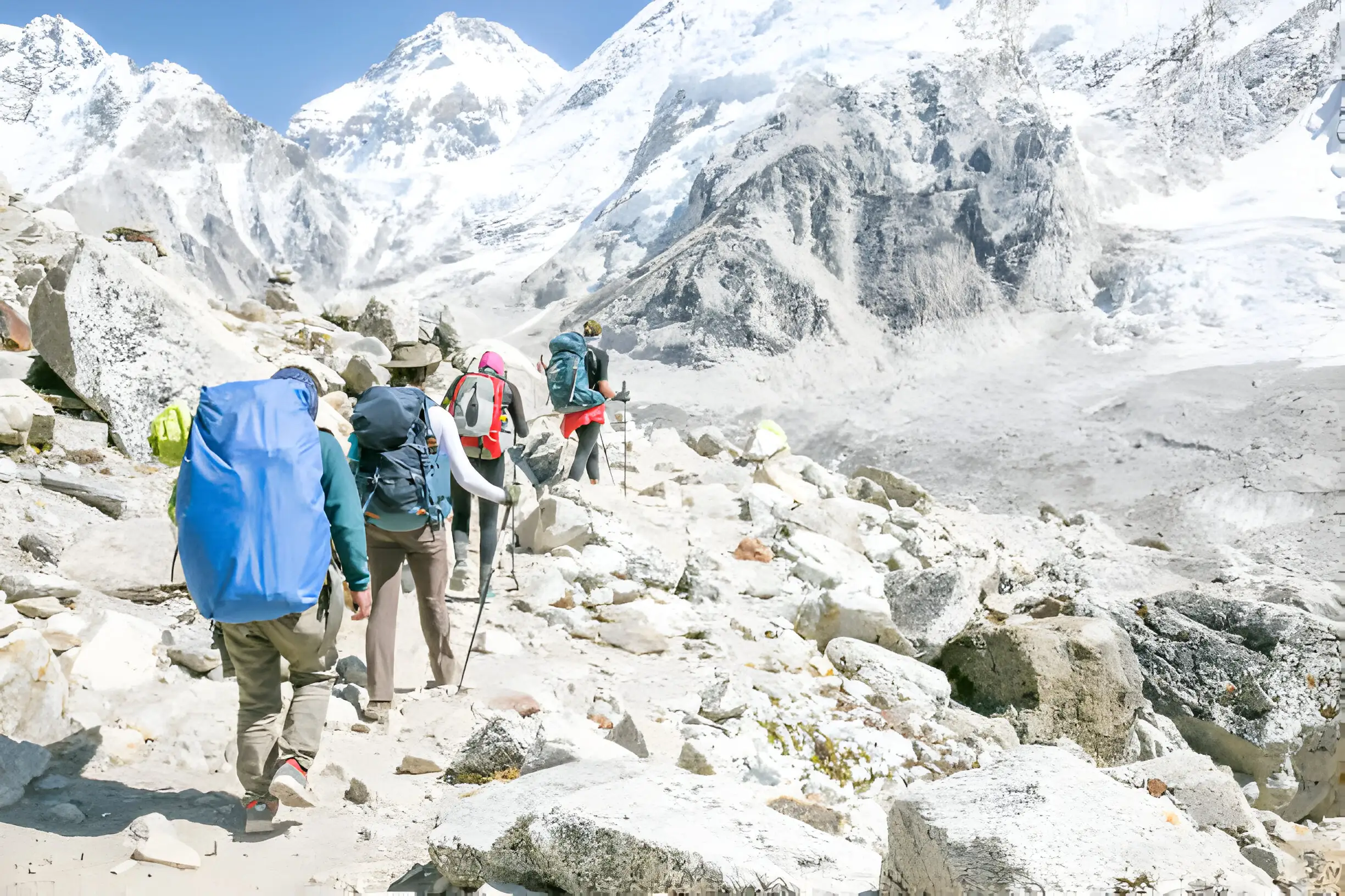 A group of novice adventurers marvel at the majestic peak of Mount Everest.