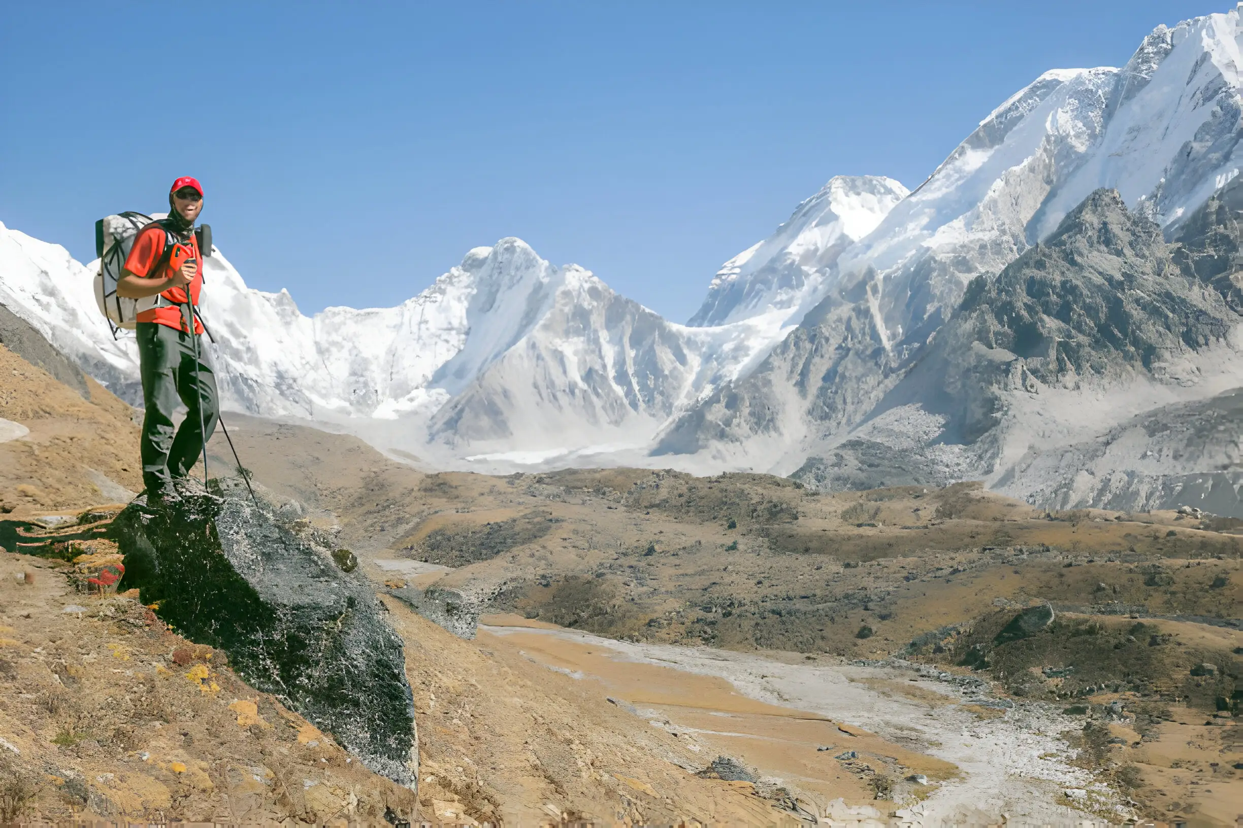 Group of beginner trekkers hiking towards Everest Base Camp.