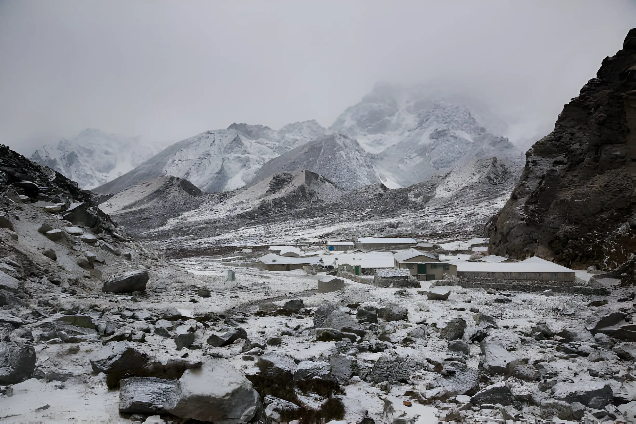 A snow-covered trail leading to Everest Base Camp in winter.
