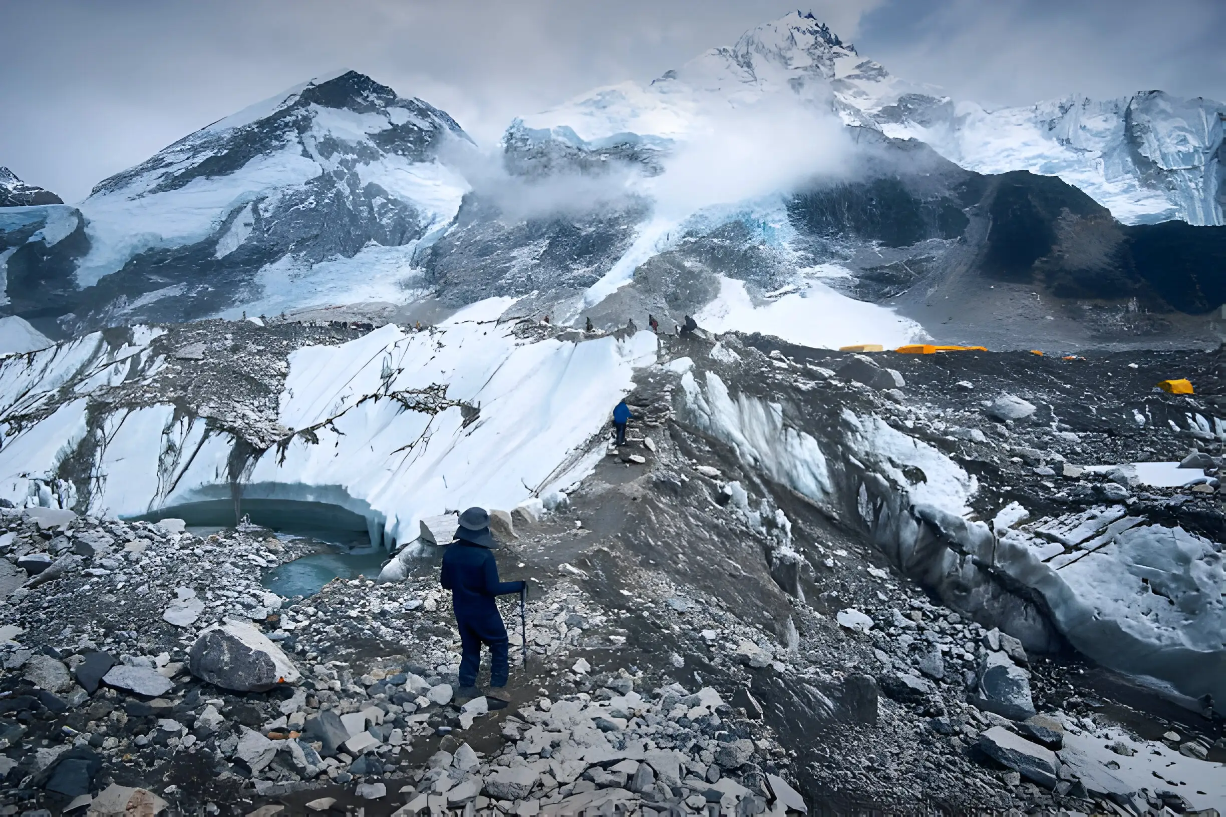 First-time hikers traversing a breathtaking Himalayan landscape on the EBC trail.