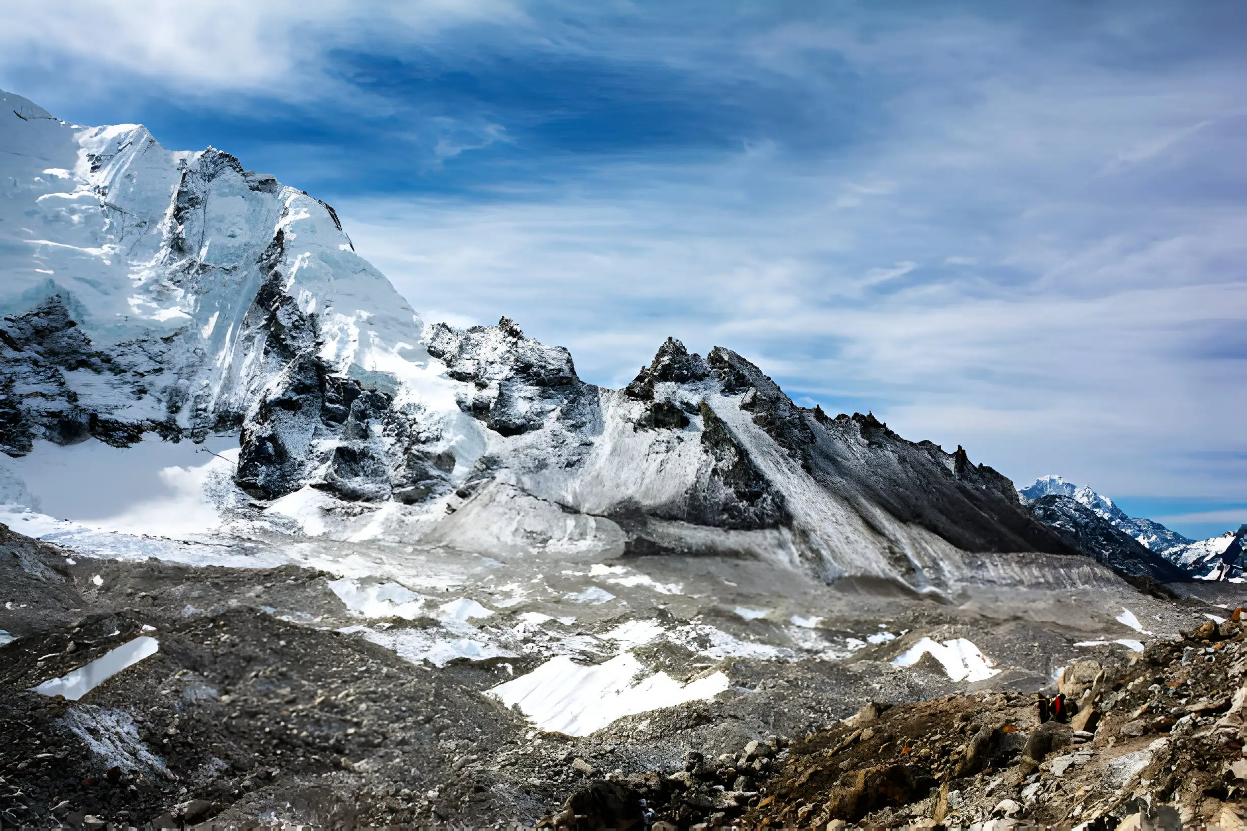 Panoramic view of snow-capped Himalayan peaks under a clear blue sky in spring